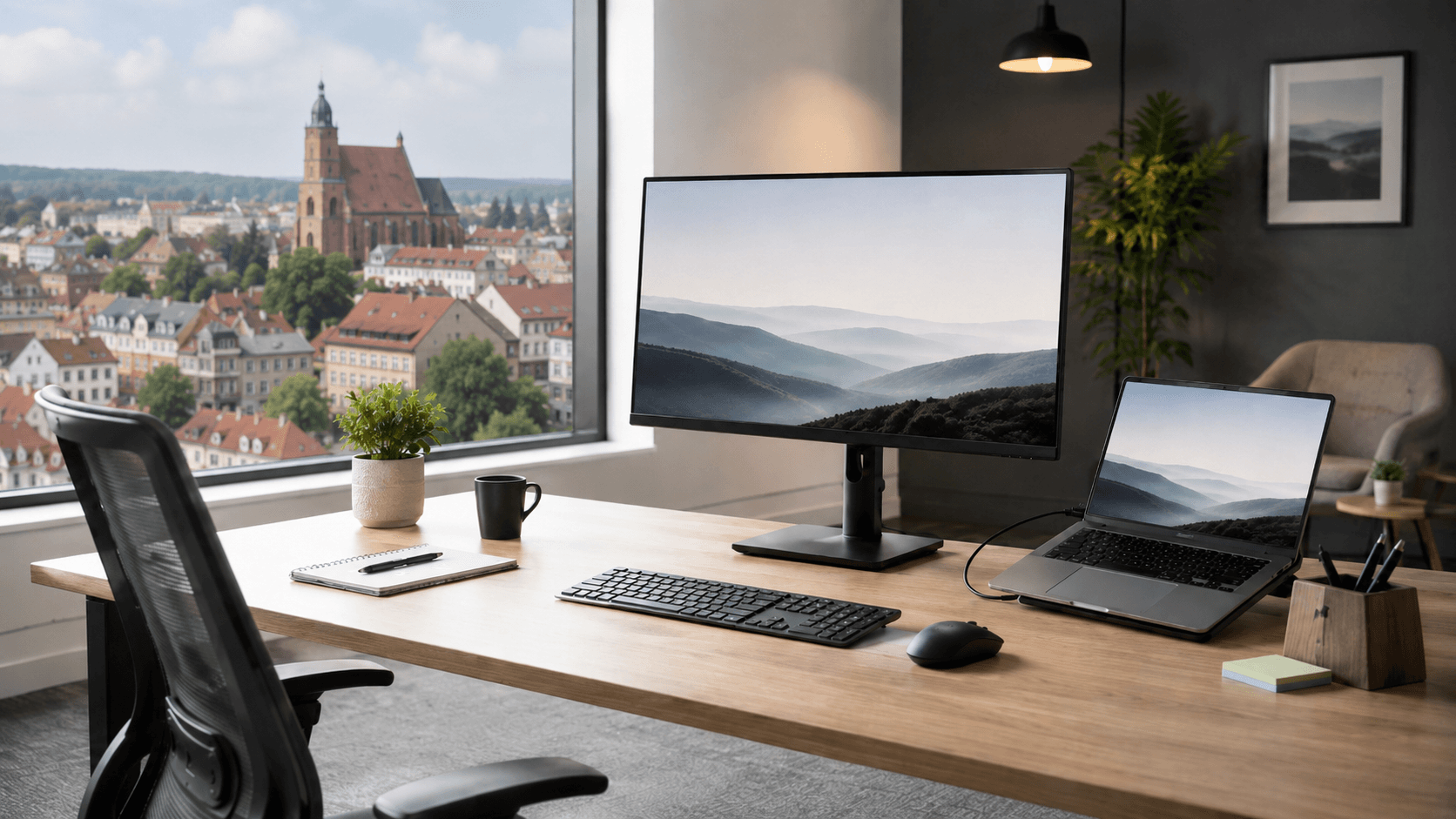 Ciche stanowisko pracy z monitorem i laptopem